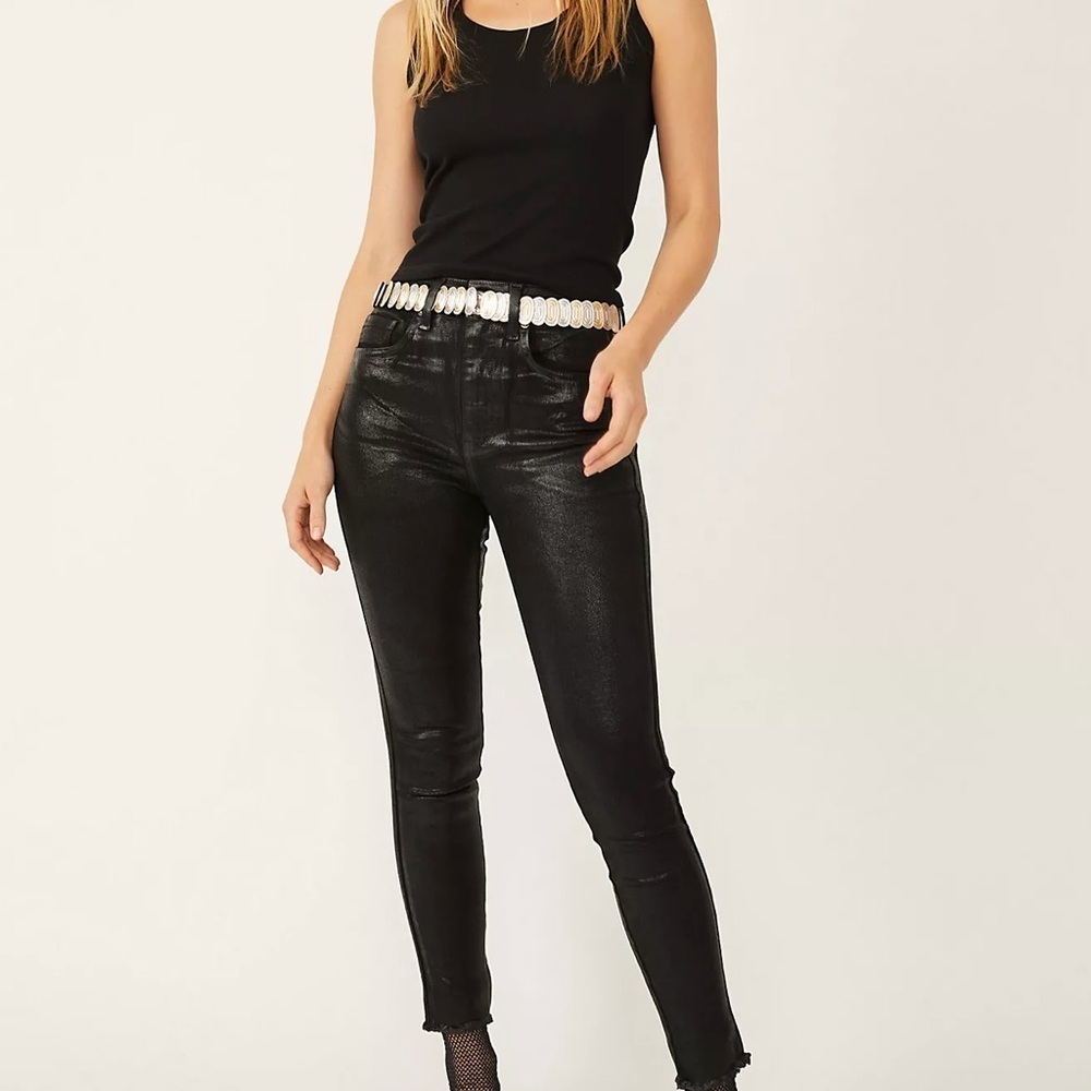 NWT Free People Black Coated High-Rise Raw Hem Skinny Jeans Size 24